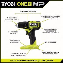 RYOBI ONE+ HP 18V Brushless Cordless Compact 3-Tool Combo Kit (Drill/Driver, Impact Driver, Impact Wrench) thumbnail 3