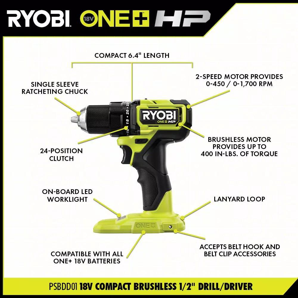 RYOBI ONE+ HP 18V Brushless Cordless Compact 3-Tool Combo Kit (Drill/Driver, Impact Driver, Impact Wrench)