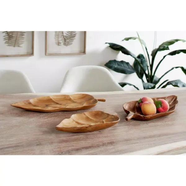 LITTON LANE Large Rustic Leaf-Shaped Natural Teak Wood Serving Trays, Set of 3