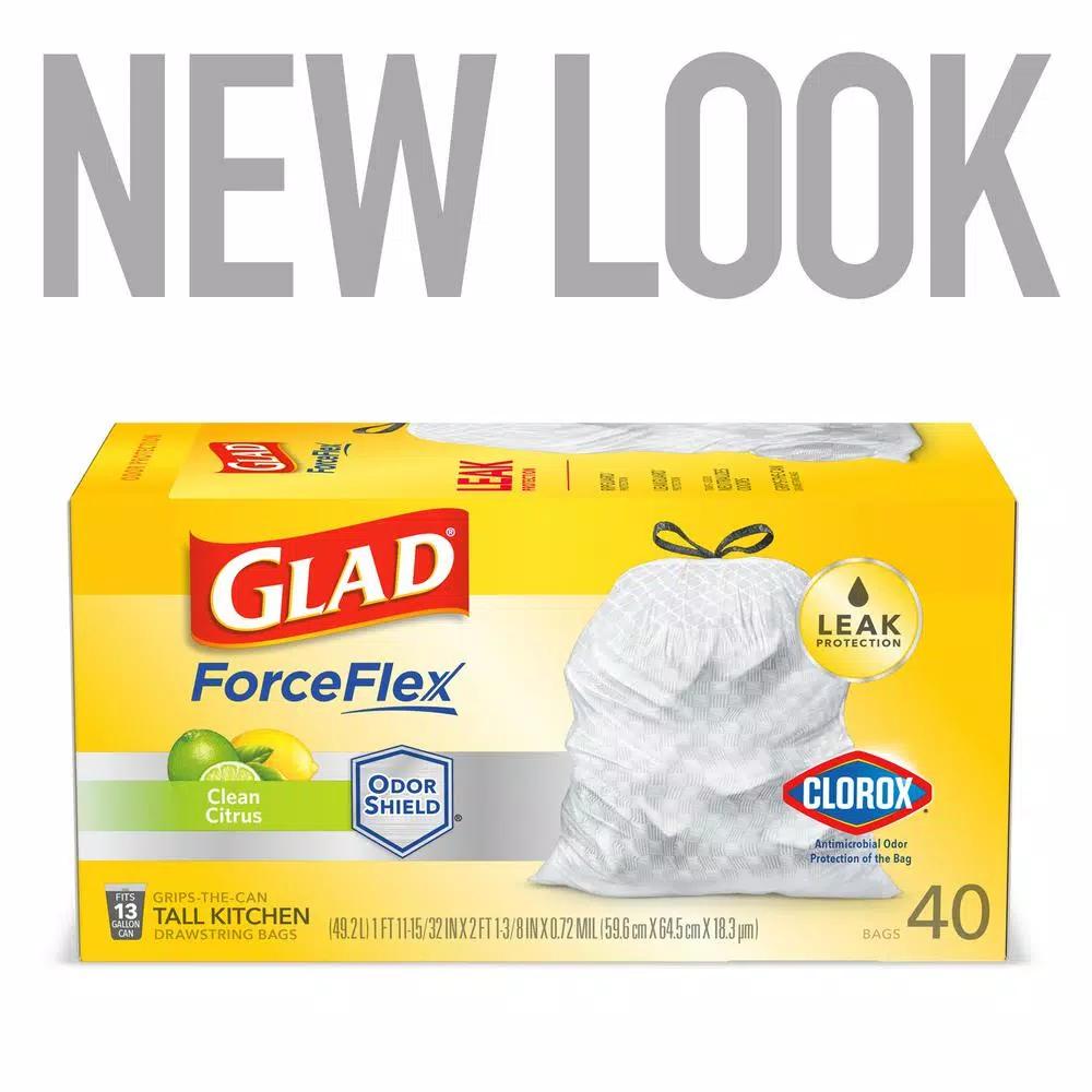 Glad ForceFlex 13 Gallon Tall Kitchen Trash Bags with Clorox Antimicrobial Protection, Clean Citrus, 40-Count