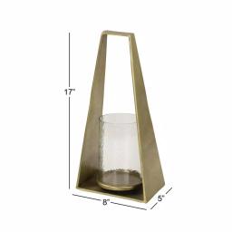 LITTON LANE Large Modern Gold Metal Triangular Candle Holder with Textured Hurricane Glass thumbnail 4
