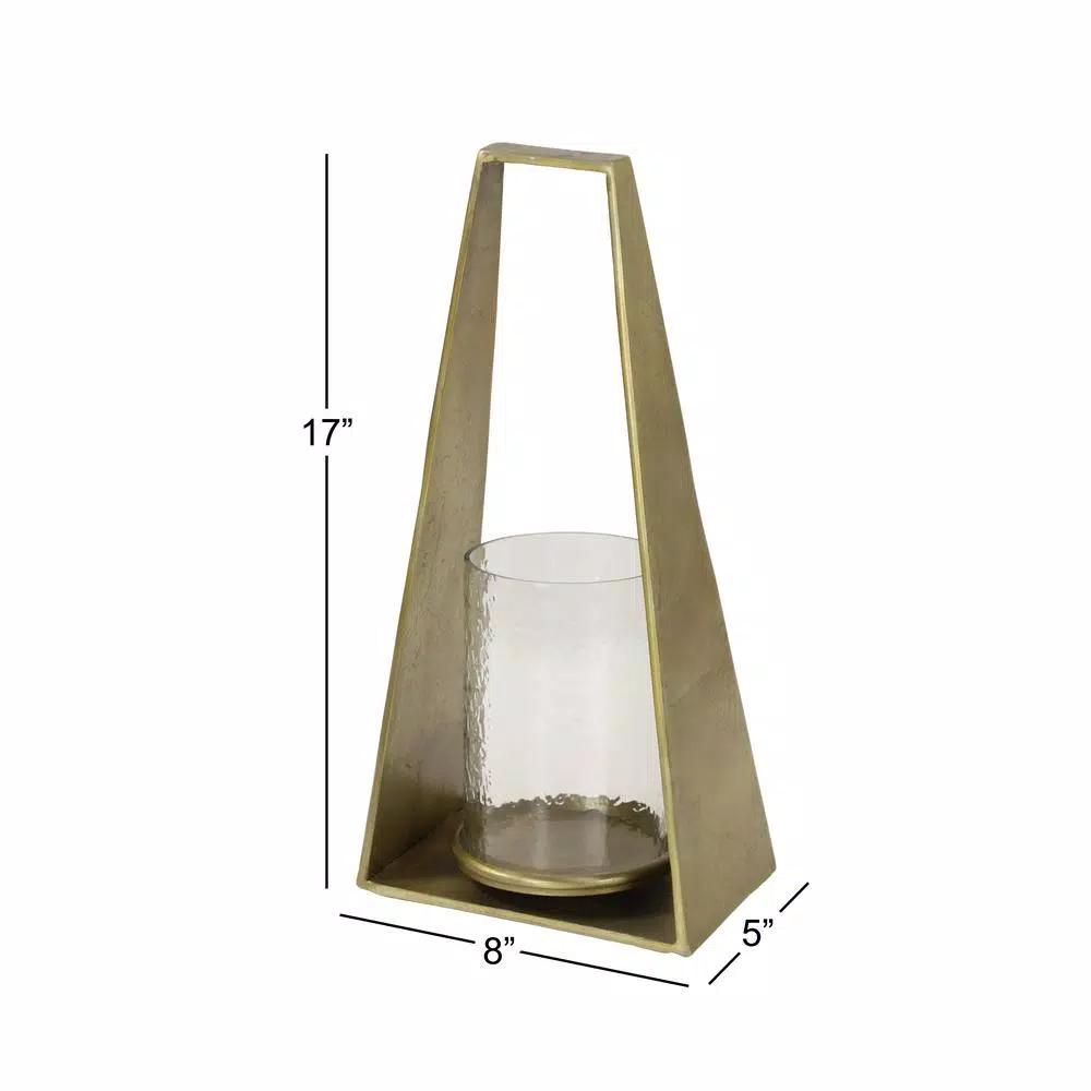 LITTON LANE Large Modern Gold Metal Triangular Candle Holder with Textured Hurricane Glass
