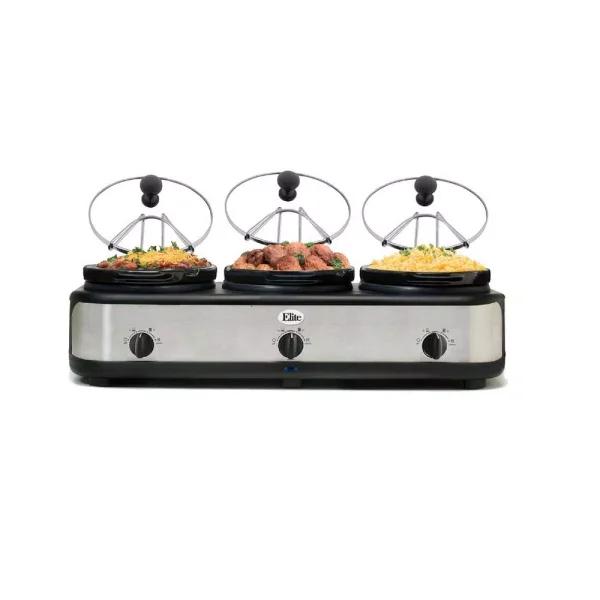 Elite Platinum 7.5 Qt. Triple Slow Cooker Buffet with 3 Stoneware Crocks and Lid Rests, Black Stainless Steel