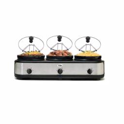 Elite Platinum 7.5 Qt. Triple Slow Cooker Buffet with 3 Stoneware Crocks and Lid Rests, Black Stainless Steel thumbnail 1