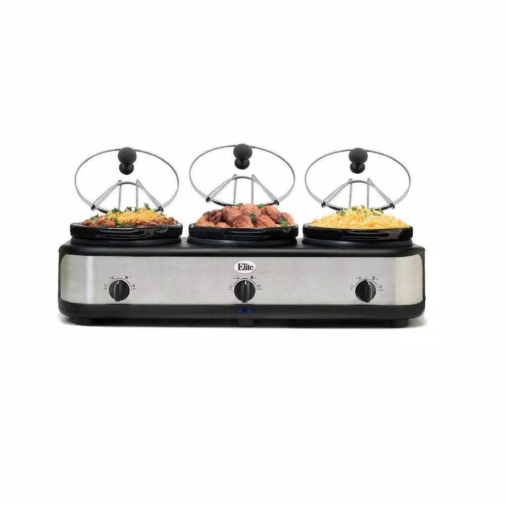 Elite Platinum 7.5 Qt. Triple Slow Cooker Buffet with 3 Stoneware Crocks and Lid Rests, Black Stainless Steel