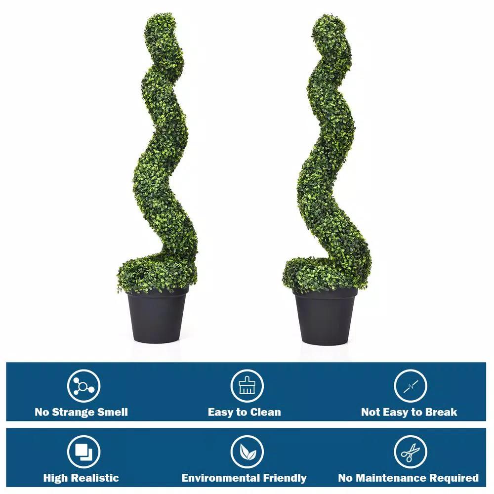 Costway Artificial Boxwood Spiral Topiary Tree Set of 2 - Indoor/Outdoor Decorative Plants with Cement Pot