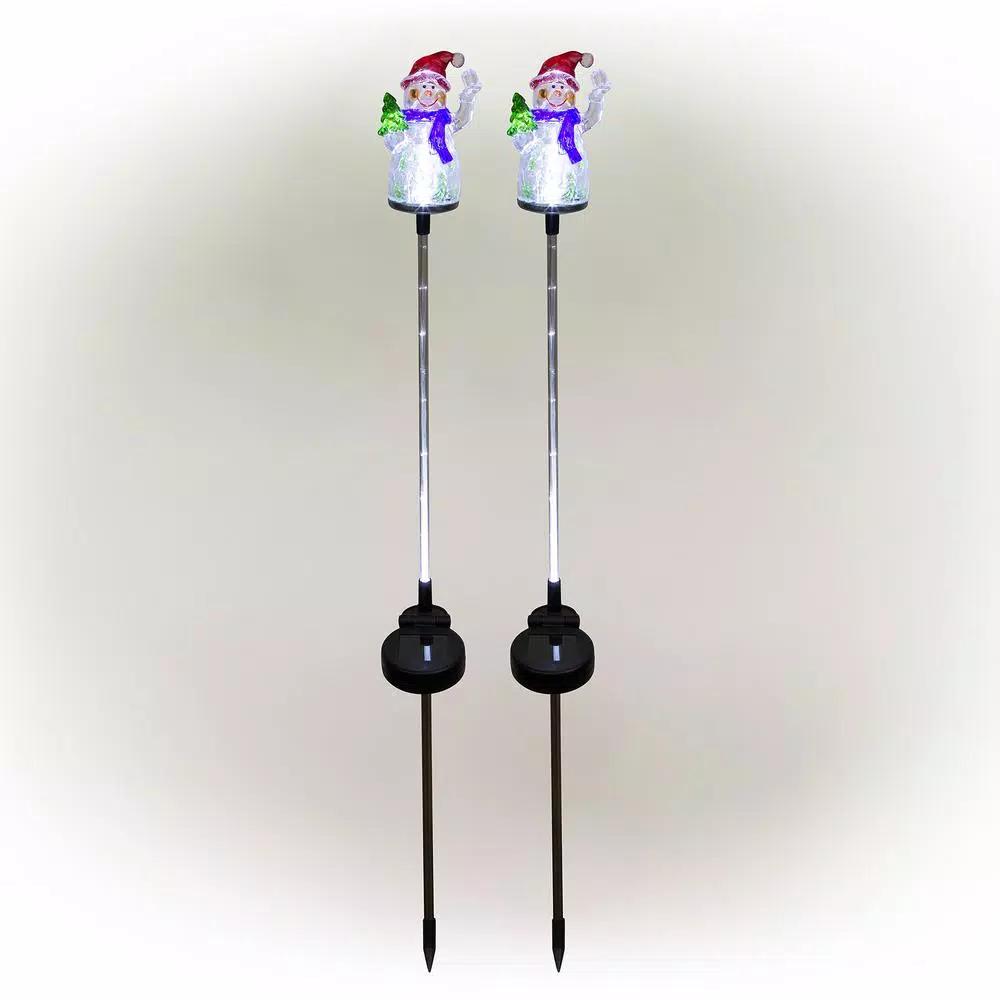Alpine Corporation Solar Snowman Garden Stakes with Fiber Optic LED Lights, Set of 2
