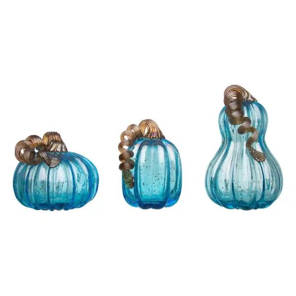 Glitzhome Set of 3 Blue Hand-Blown Glass Pumpkins - Decorative Tabletop Autumn Ornament