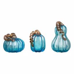 Glitzhome Set of 3 Blue Hand-Blown Glass Pumpkins - Decorative Tabletop Autumn Ornament thumbnail 1