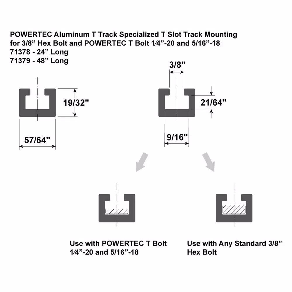 POWERTEC 24 in. Heavy-Duty Aluminum T-Track for 3/8 in. Hex Bolts and T-Bolts