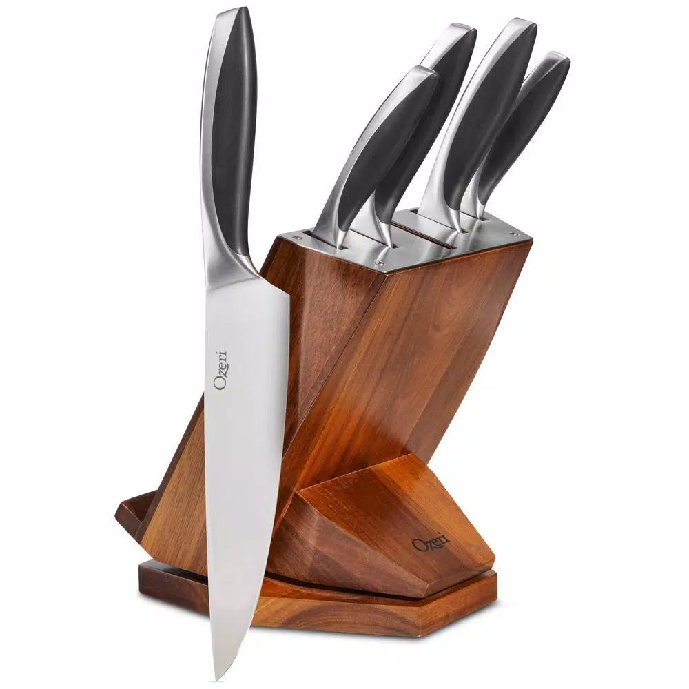 Ozeri 6-Piece Japanese Stainless Steel Knife Set with Rotating Acacia Wood Block and Tablet Holder