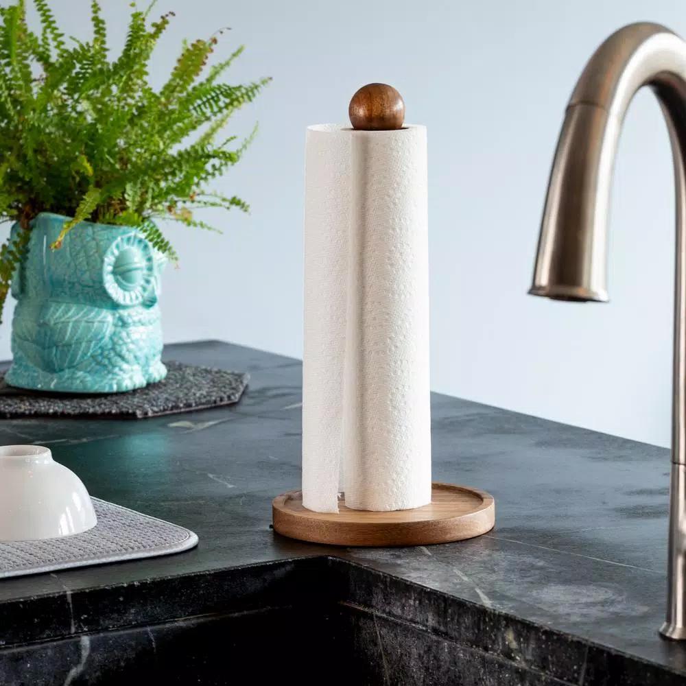 Honey-Can-Do Acacia Wood Paper Towel Holder - Modern Natural Acacia & Steel Design