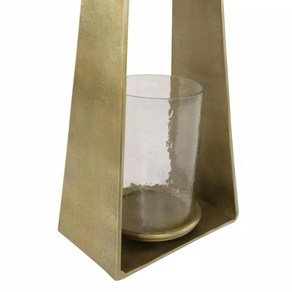 LITTON LANE Large Gold Metal Candle Lantern with Textured Hurricane Glass, 23.5 in