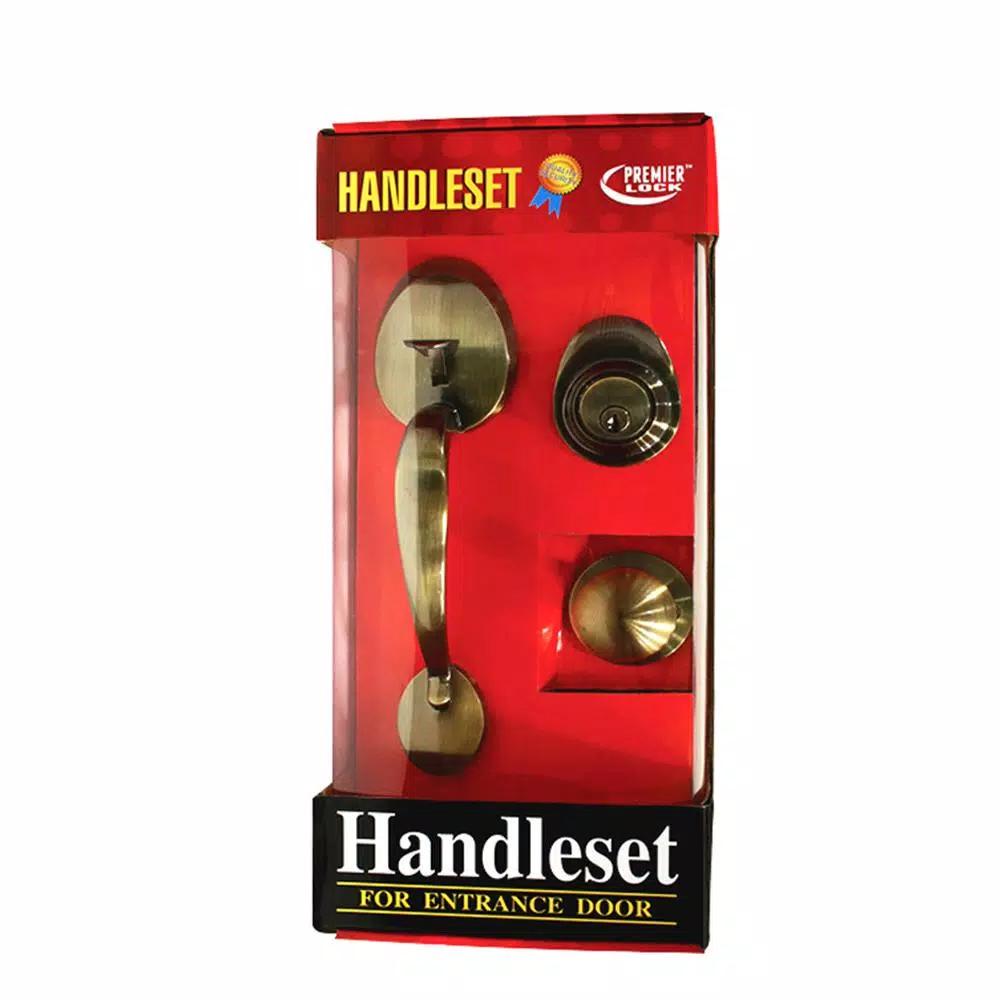 Premier Lock Antique Brass Single Cylinder Entry Door Handleset with Keyed Deadbolt and Egg Knob