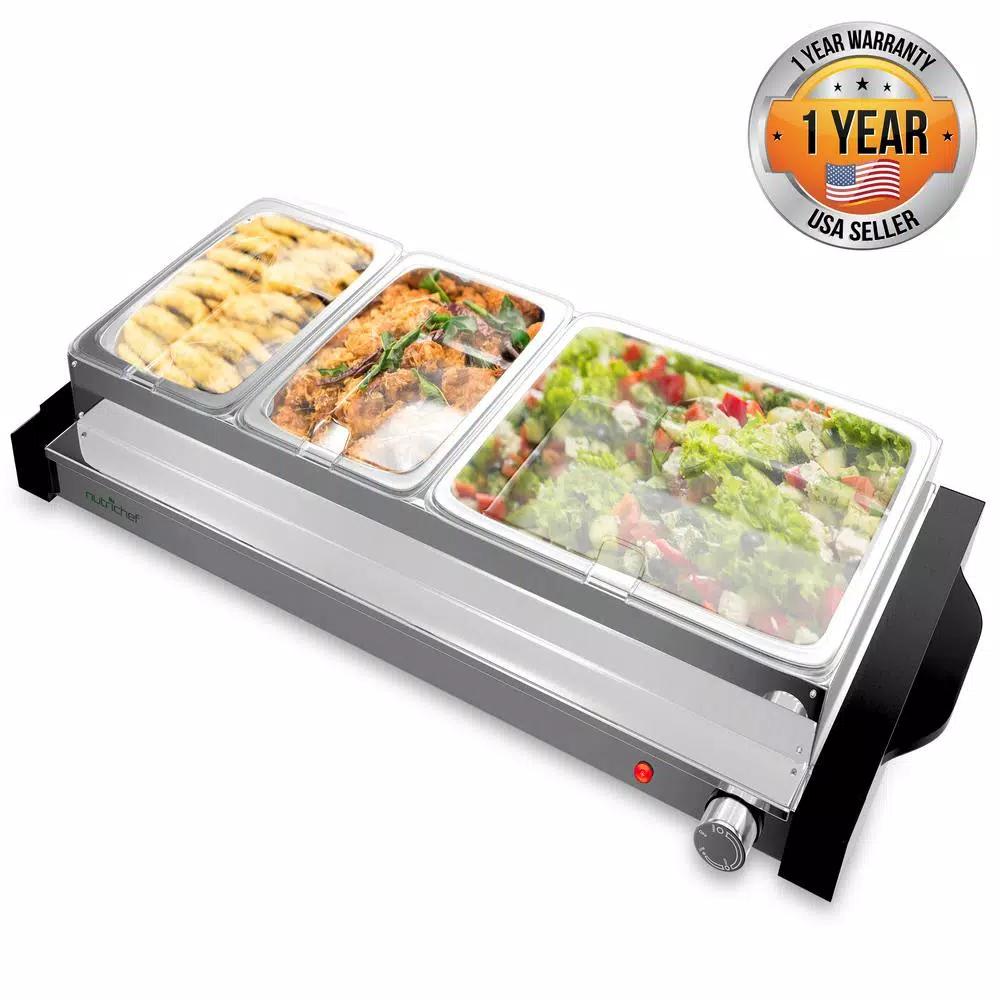 NutriChef 27.6 in. 3-Burner Stainless Steel Electric Buffet Server Food Warming Tray