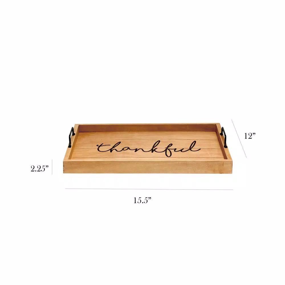 Elegant Designs Natural Wood Decorative Serving Tray with Black Metal Handles - Thankful Farmhouse Style