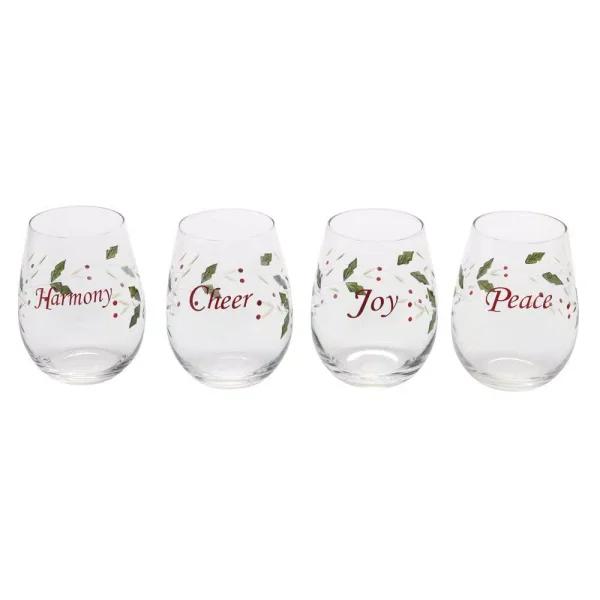 Pfaltzgraff Winterberry 20 oz. Stemless Wine Glasses, Set of 4 with Holiday Sentiments