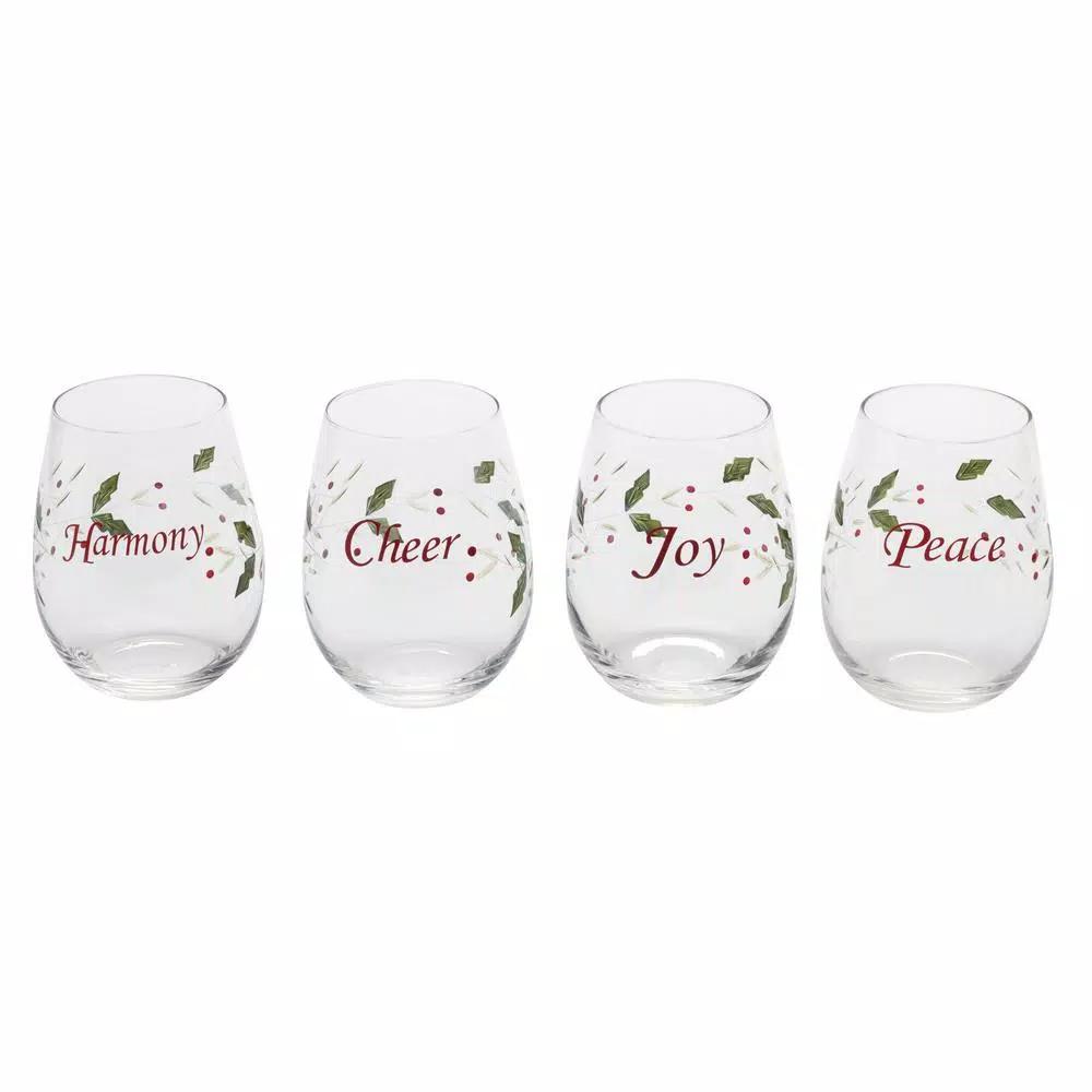 Pfaltzgraff Winterberry 20 oz. Stemless Wine Glasses, Set of 4 with Holiday Sentiments