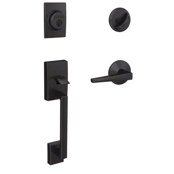 Schlage Custom Century Matte Black Single Cylinder Handleset with Eller Lever and Kinsley Trim