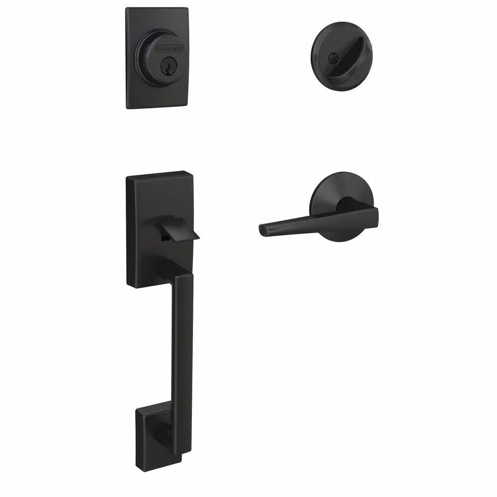 Schlage Custom Century Matte Black Single Cylinder Handleset with Eller Lever and Kinsley Trim