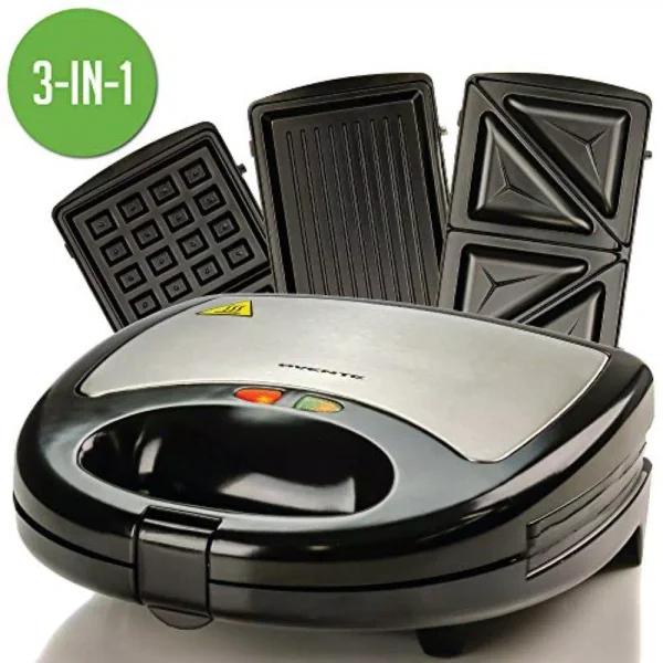 Ovente 3-in-1 Electric Sandwich Maker, Waffle and Grill Maker with Detachable Non-Stick Plates, 750W, Black