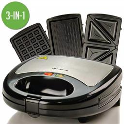 Ovente 3-in-1 Electric Sandwich Maker, Waffle and Grill Maker with Detachable Non-Stick Plates, 750W, Black thumbnail 1