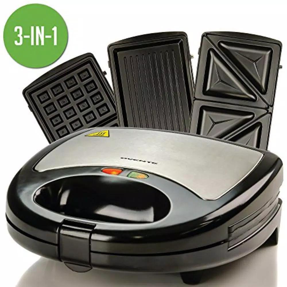 Ovente 3-in-1 Electric Sandwich Maker, Waffle and Grill Maker with Detachable Non-Stick Plates, 750W, Black