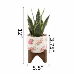 Flora Bunda 12 in. Faux Snake Plant in Floral White Ceramic Pot with Wood Stand thumbnail 2