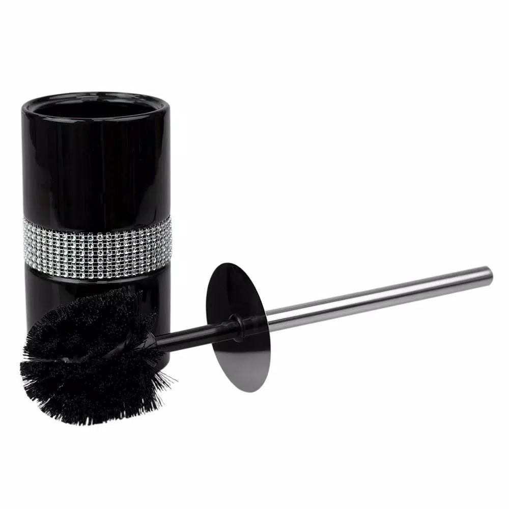 Unbranded Black Ceramic Luxury Toilet Brush Holder with Sequin Accents and Stainless Steel Handle