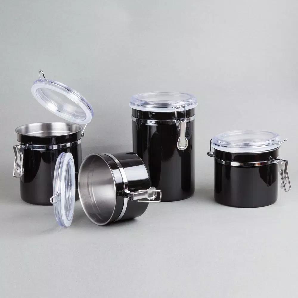 Creative Home 4-Piece Black Stainless Steel Canister Set with Airtight Locking Clamp Lids