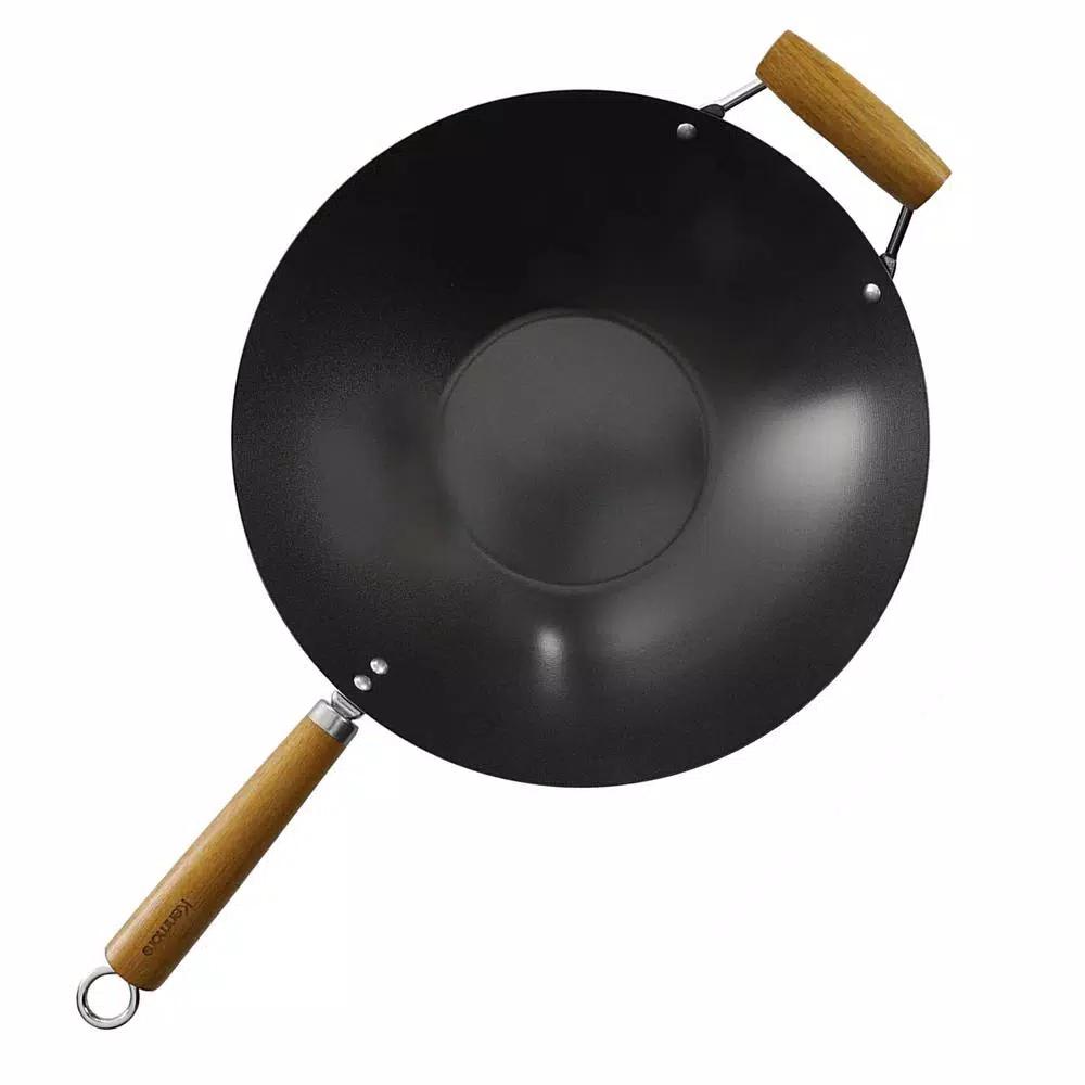 KENMORE 14 in. Carbon Steel Non-Stick Flat Bottom Wok with Wooden Handles