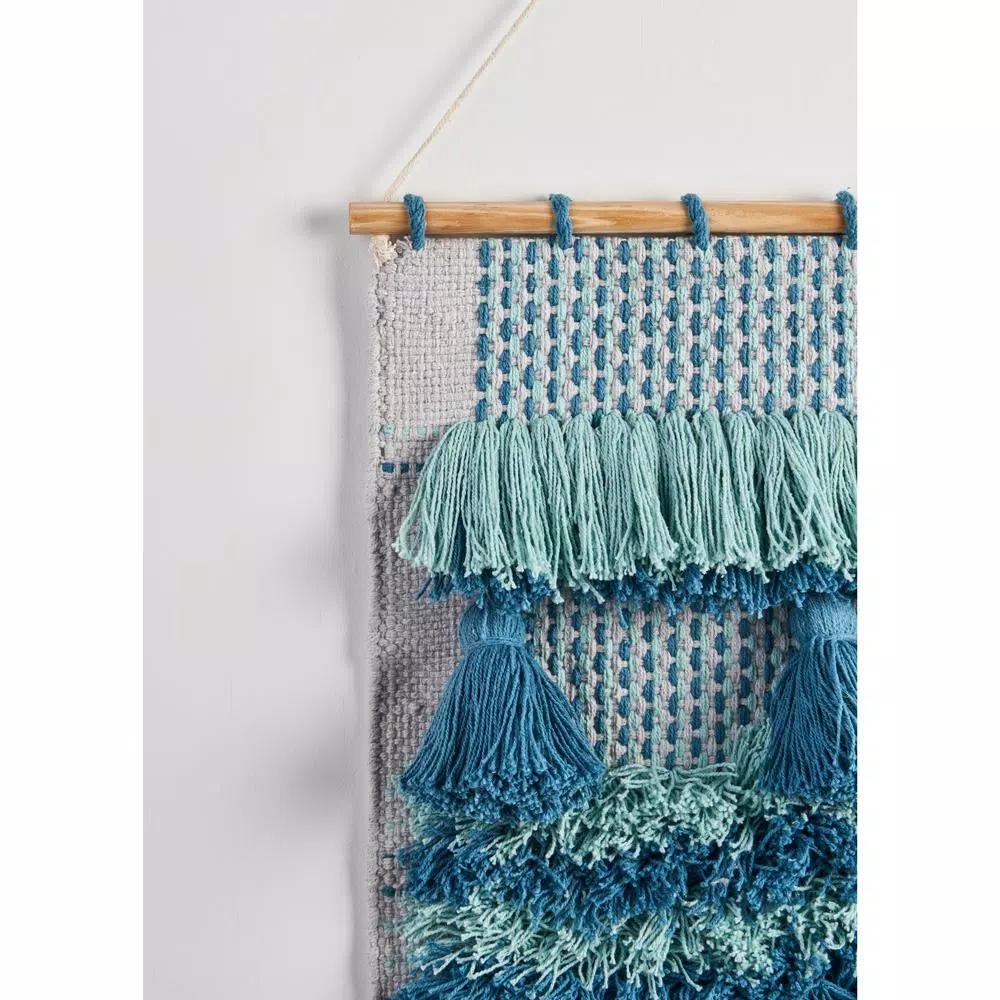 LR Home Coast Gray & Teal Fringed Tufted Cotton Wall Tapestry - Bohemian Coastal Wall Hanging