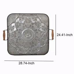 Benjara Ravello Square Gray Wood and Iron Decorative Tray with Floral Detail thumbnail 5