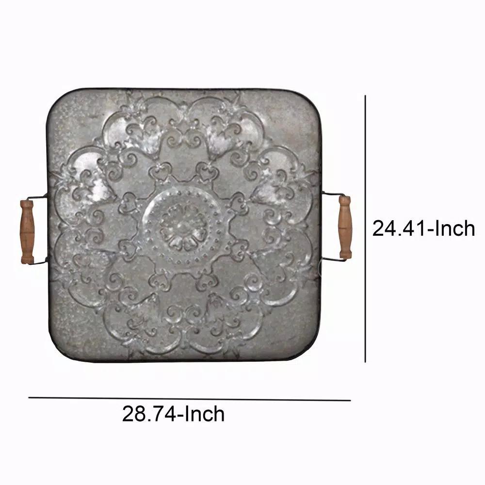 Benjara Ravello Square Gray Wood and Iron Decorative Tray with Floral Detail