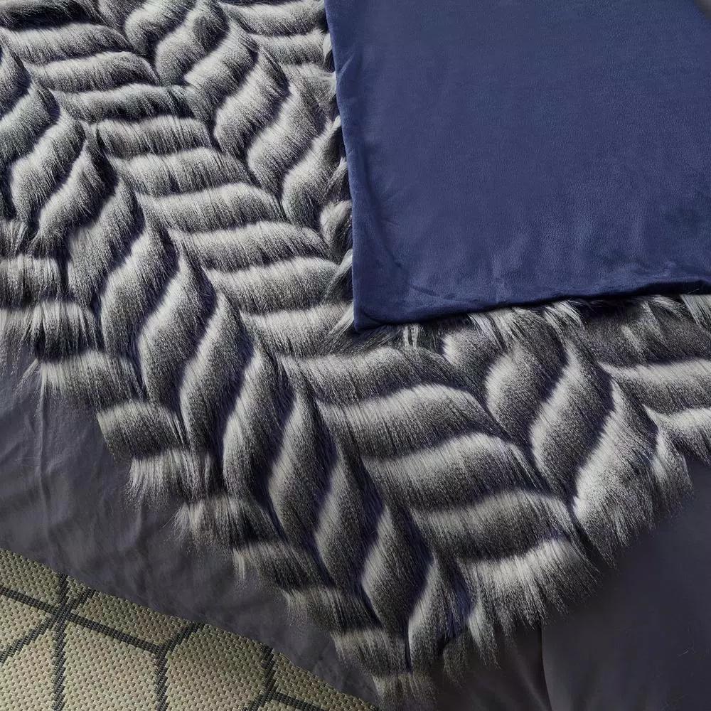 Unbranded Caron Navy Reversible Faux Fur and Micromink Throw Blanket, 50 in. x 60 in.