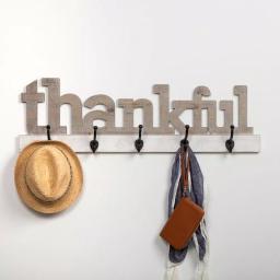Pinnacle Rustic Thankful Gray Wood Decorative Wall Sign with 4 Metal Hooks thumbnail 1