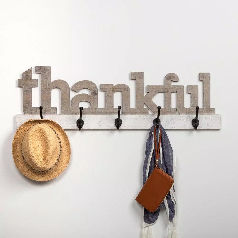 Pinnacle Rustic Thankful Gray Wood Decorative Wall Sign with 4 Metal Hooks