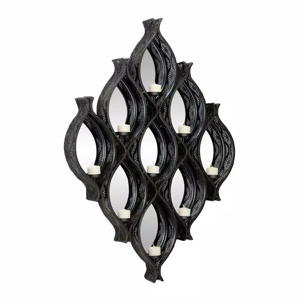 LITTON LANE Eclectic Large Black Diamond Mesh Metal Wall Sconce with Mirror Inlays