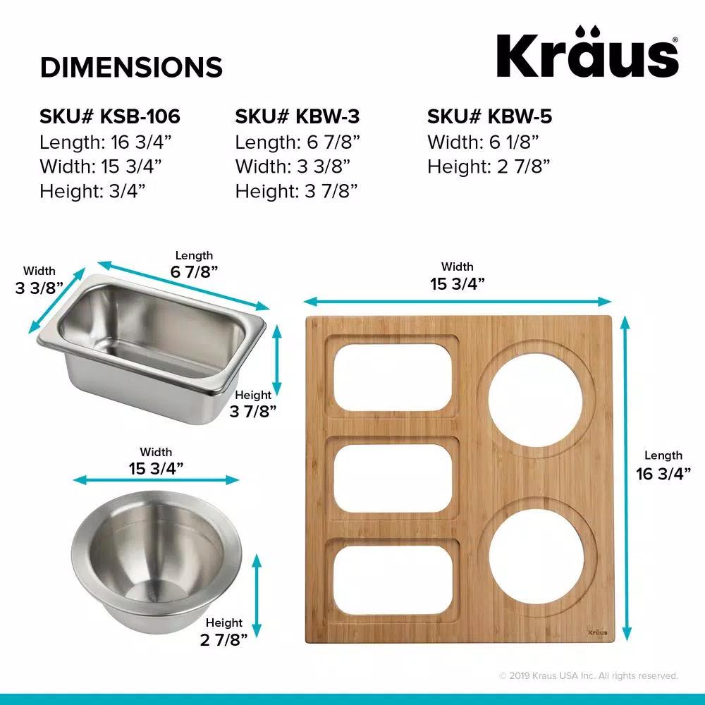 Kraus Workstation Kitchen Sink Accessory Set - Bamboo Serving Board & 5 Stainless Steel Prep Bowls