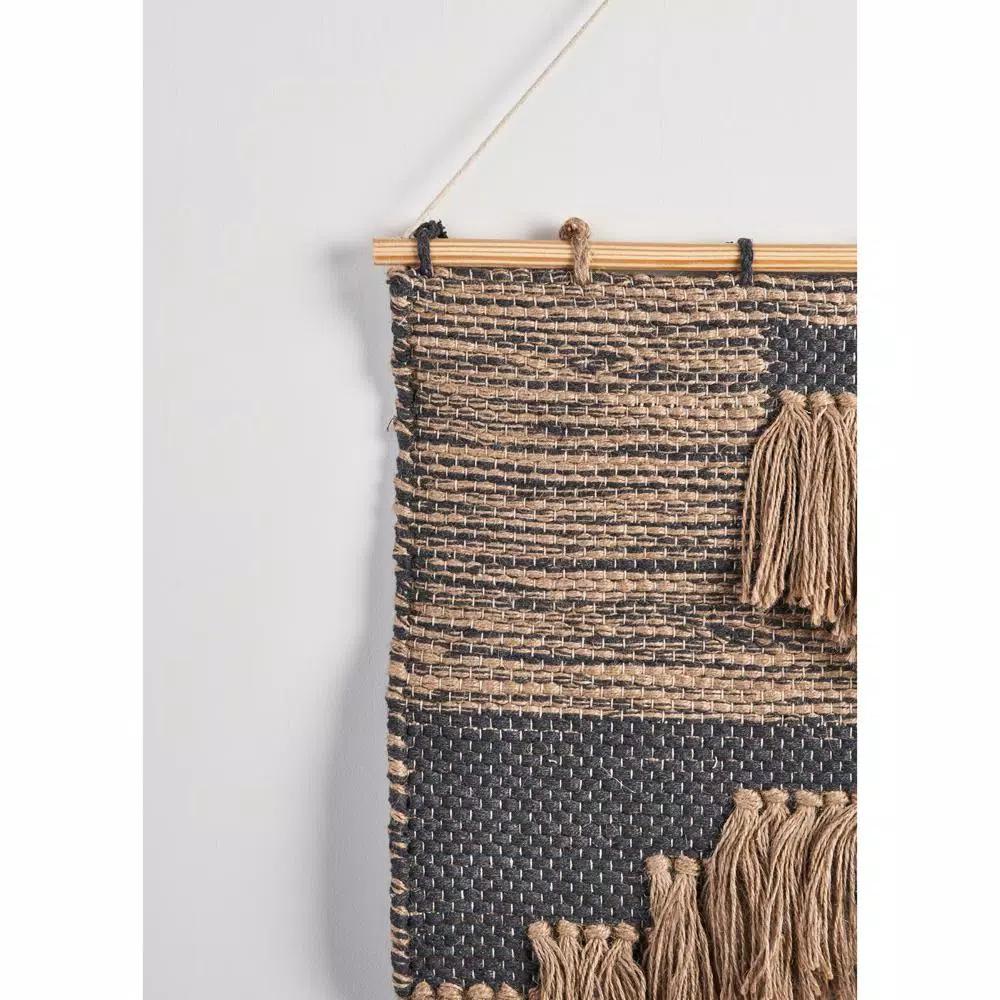 LR Home Rustic Natural and Black Fringed Wall Tapestry - Hand-Loomed Jute and Cotton Wall Hanging
