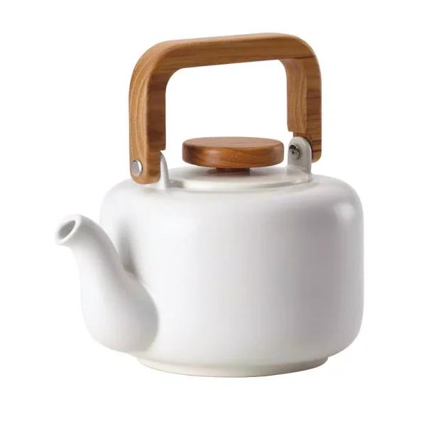 BonJour Wayfarer 4-Cup Matte White Ceramic Teapot with Stainless Steel Infuser and Teak Wood Accents