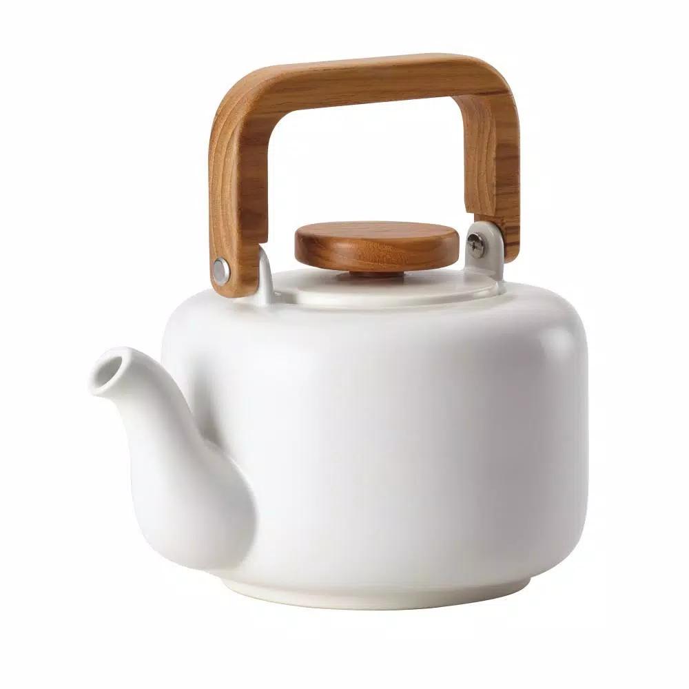 BonJour Wayfarer 4-Cup Matte White Ceramic Teapot with Stainless Steel Infuser and Teak Wood Accents