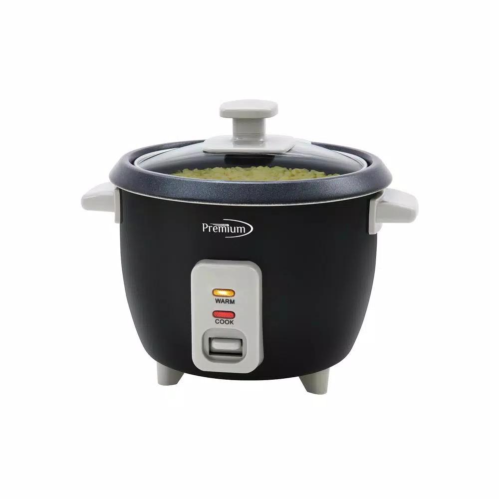 PREMIUM 6-Cup Black Rice Cooker and Steamer with Non-Stick Pot and Tempered Glass Lid