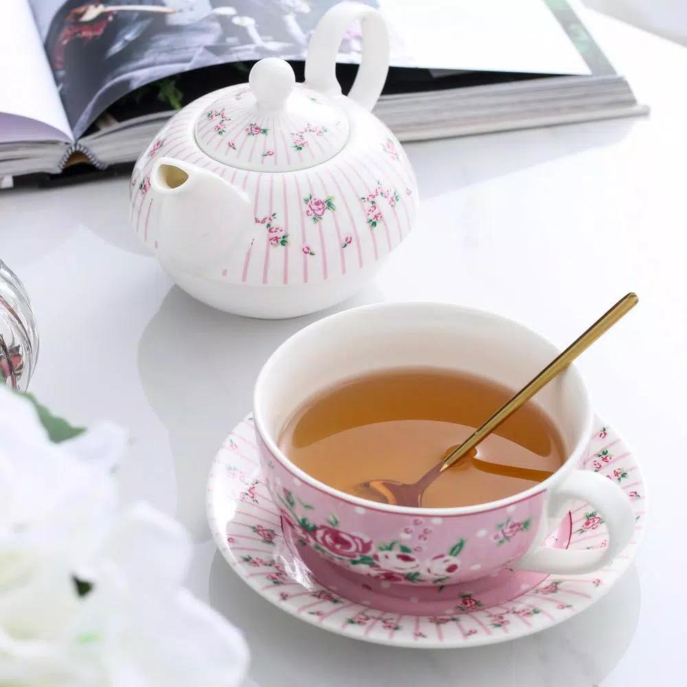 MALACASA Elegant Porcelain Tea Set for One - 3 Piece Teapot, Teacup and Saucer Set, White with Pattern