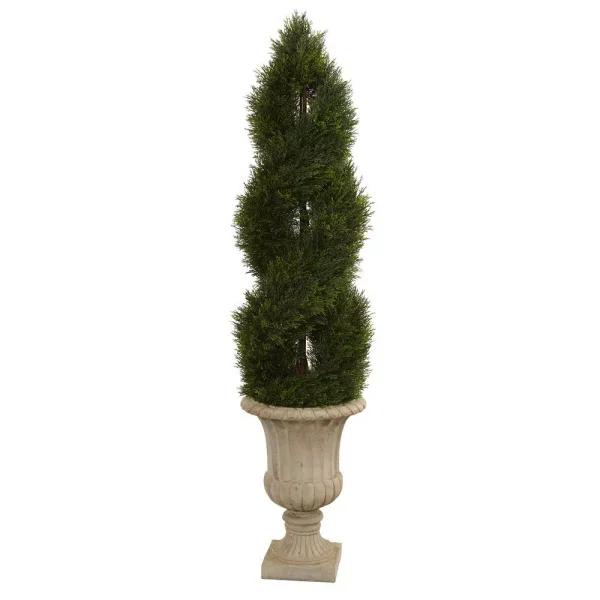 Nearly Natural 5 Ft. Double Pond Cypress Artificial Spiral Topiary Tree in Sand-Colored Urn, UV Resistant