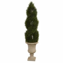 Nearly Natural 5 Ft. Double Pond Cypress Artificial Spiral Topiary Tree in Sand-Colored Urn, UV Resistant thumbnail 1
