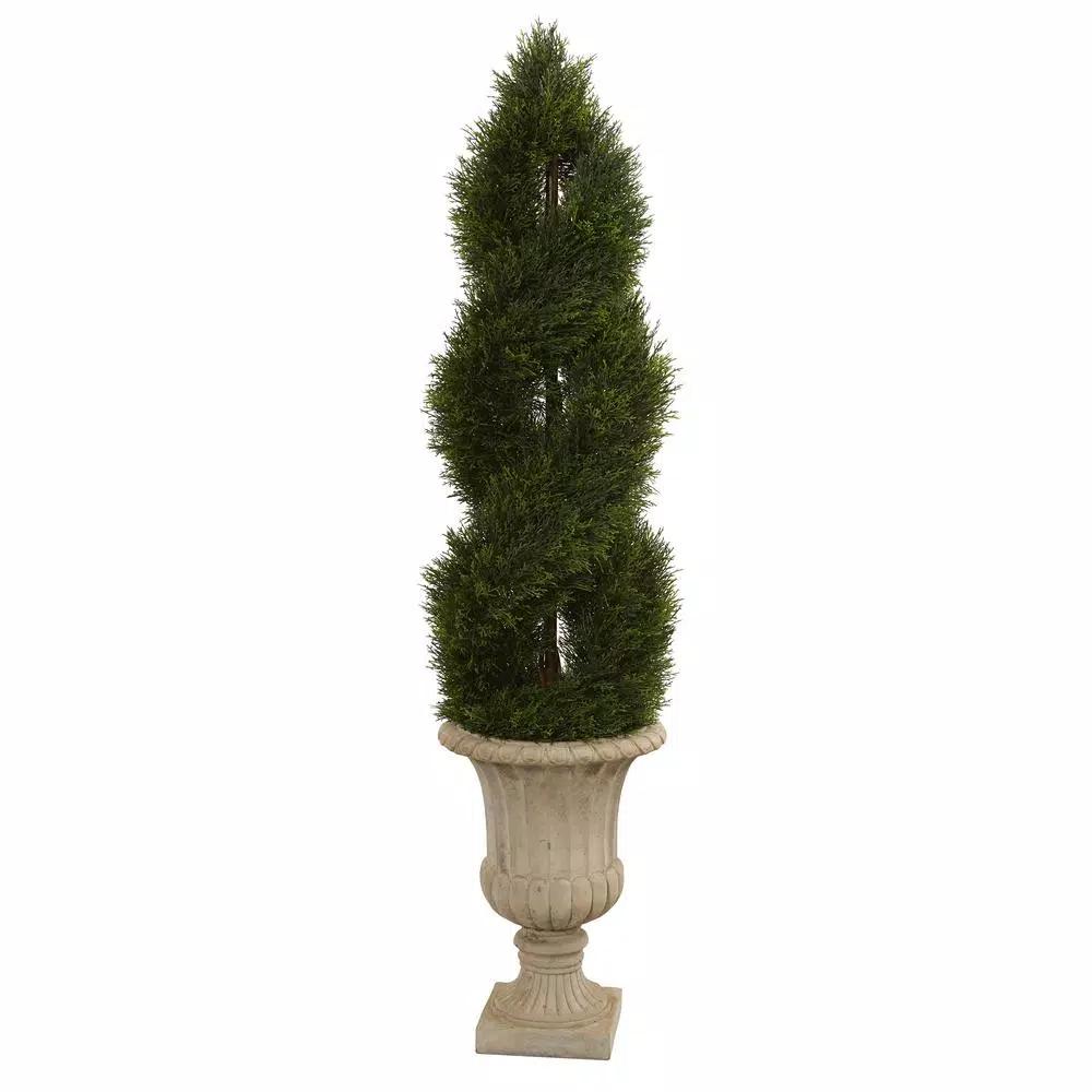 Nearly Natural 5 Ft. Double Pond Cypress Artificial Spiral Topiary Tree in Sand-Colored Urn, UV Resistant