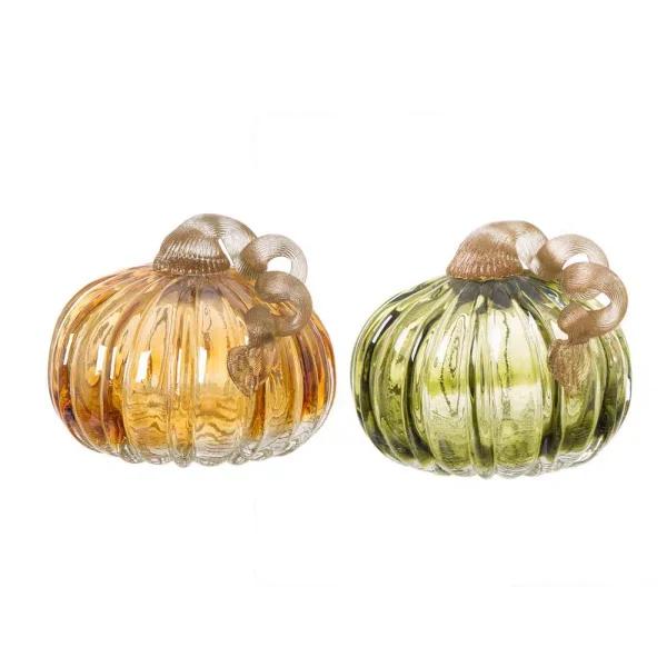 Glitzhome Set of 2 Green and Amber Crackle Glass Short Pumpkins, 4.72 in. Handmade Fall Decor