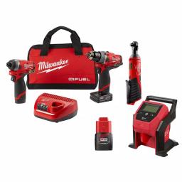Milwaukee M12 FUEL 12V Li-Ion Brushless 4-Tool Combo Kit with Hammer Drill, Impact Driver, Ratchet & Inflator thumbnail 1