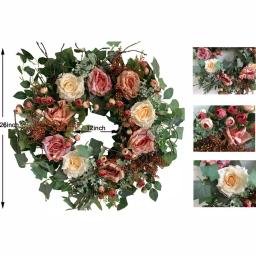 Glitzhome 26 in. Artificial Green Wreath with Roses, Eucalyptus, and Lambs Ear thumbnail 5